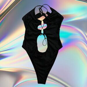 Black Cutout One-Piece Swimsuit with Tie Front & Gold Detail – Size Medium